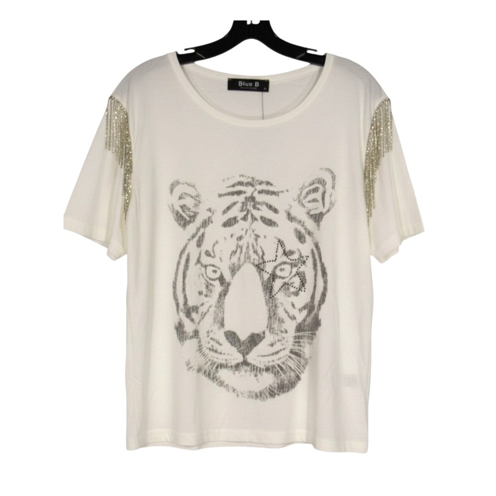 NWT BLUE B. COLLECTION White TIGER FACE Fringe Rhinestones BLOUSE/T-SHIRT Sz M